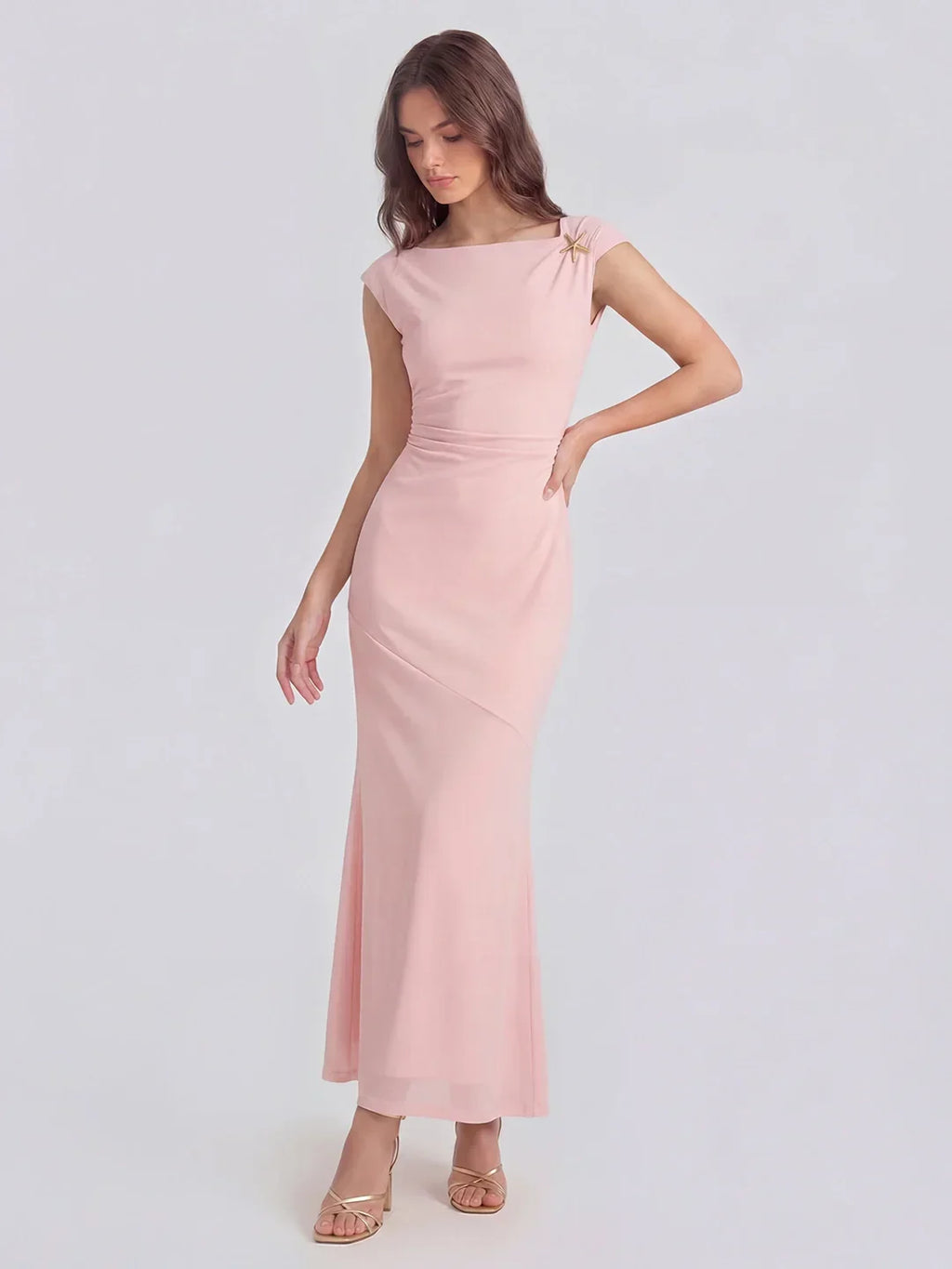 Asymmetric Sleeve Bodycon Gown With Knot-Shoulder Detail