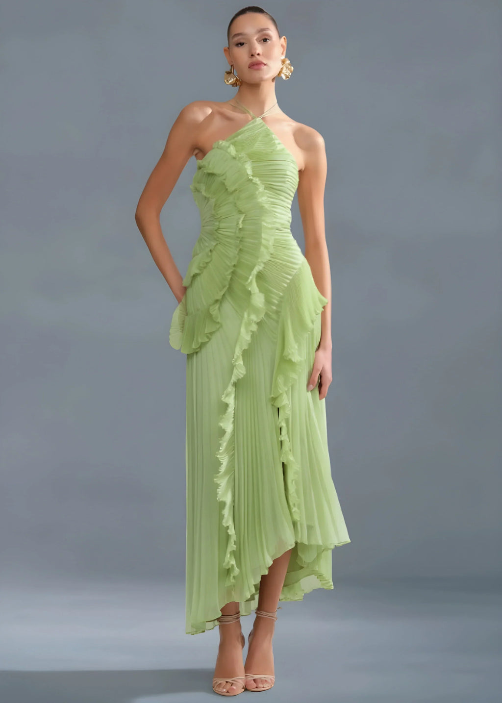Livette -  Halter Neck And Ruffles Maxi Dress