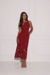 Style Expression One Shoulder Embroidered Midi Dress Deep Cherry Red