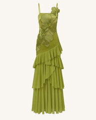 Orchid Embroidered Ruffled One-Shoulder Maxi Dress - Olive Green