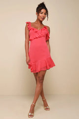 Captivating Always Coral Pink Ruffled Asymmetrical Mini Dress
