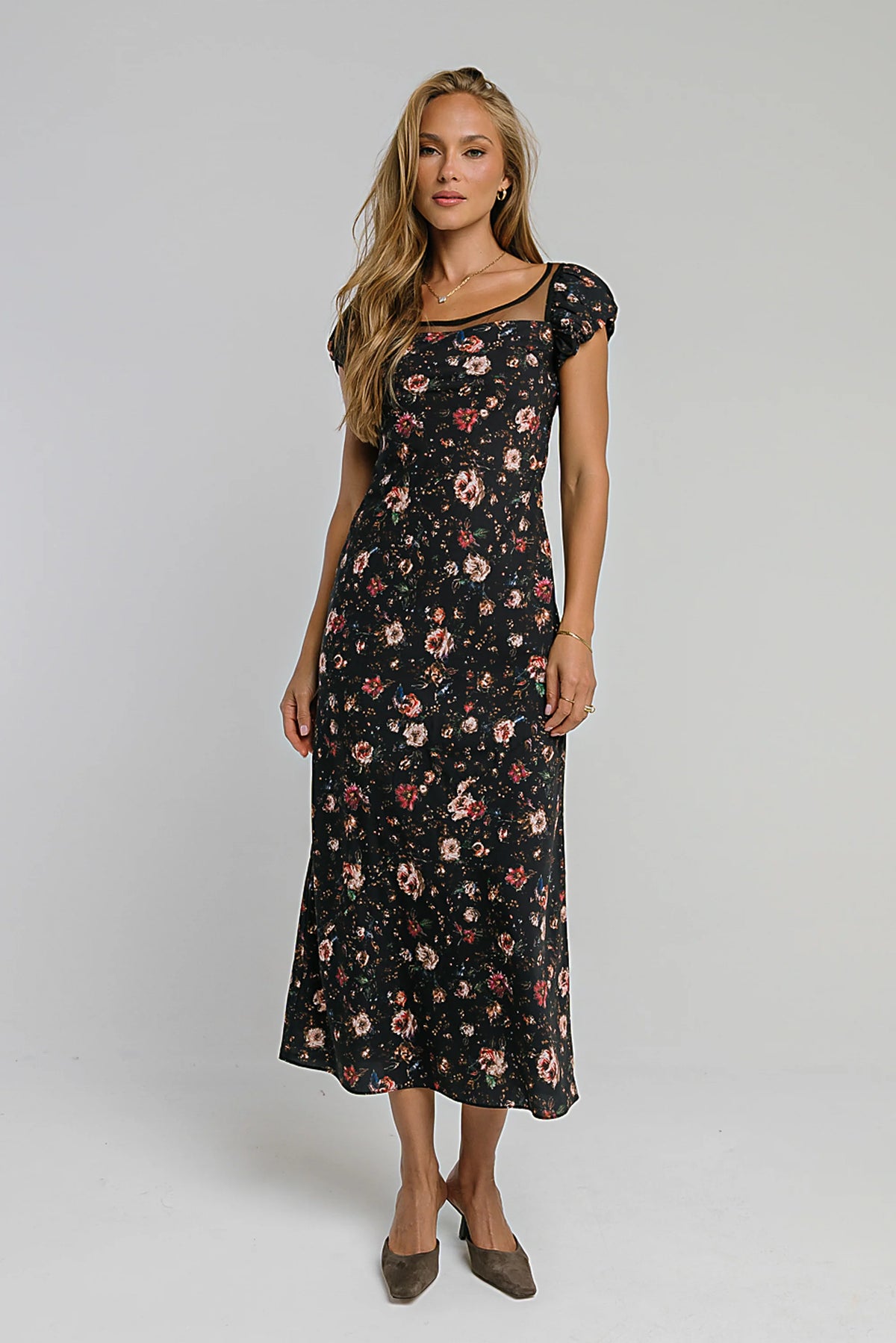 Ellie Mesh Floral Maxi Dress in Black