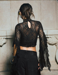 High-Neck Lace T-Shirt With Frill Sleeves