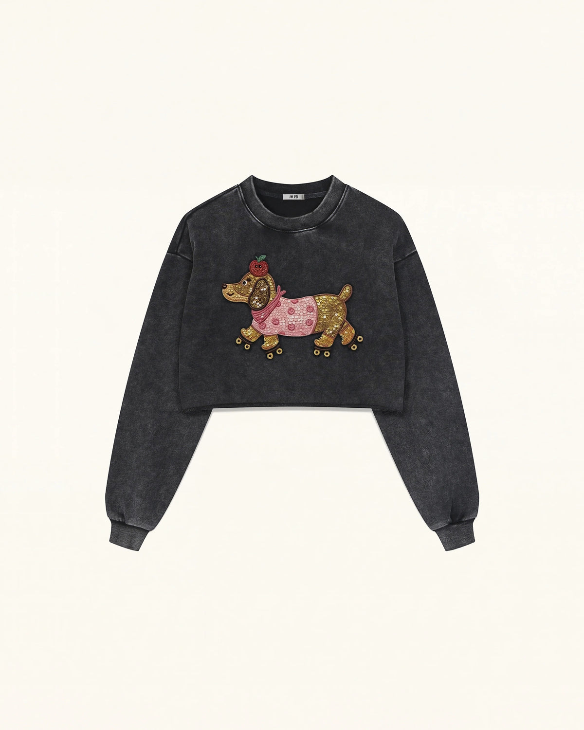 Whimsical Faux Embroidery Dachshund Sweatshirt - Black