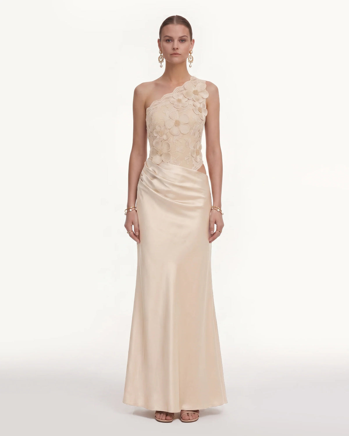 Floral One Shoulder Satin Dress - Cream