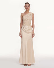 Floral One Shoulder Satin Dress - Cream