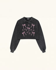 Sparkling Pink Crystal Bow Cropped Sweatshirt - Black