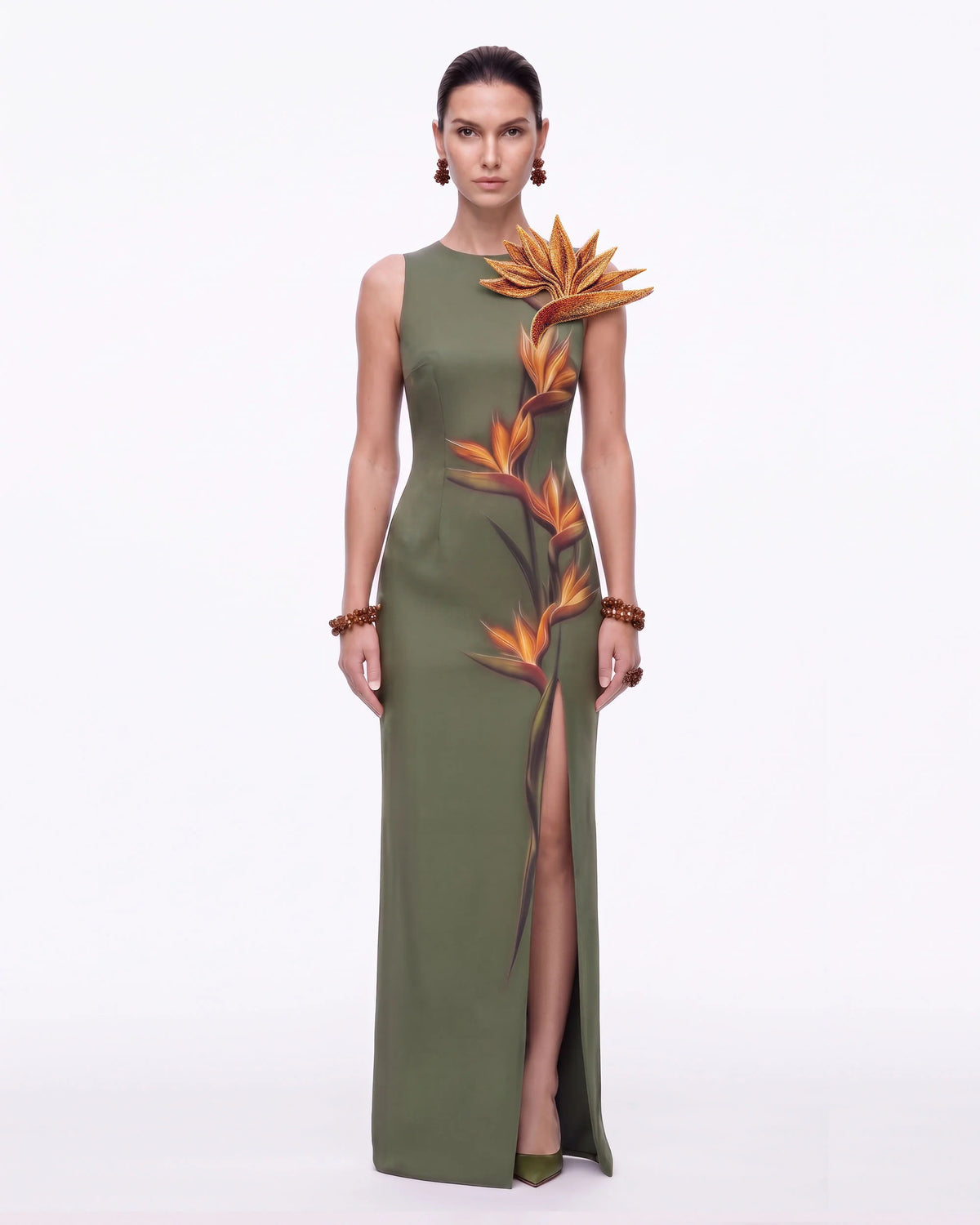 Bird of Paradise Appliqué Slit Maxi Dress - Olive Green