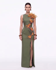 Bird of Paradise Appliqué Slit Maxi Dress - Olive Green