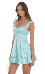 Satin Ruffle Fit and Flare Dress in Cyan