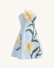 Lily Floral Print Strapless A-Line Mini Dress - Light Blue