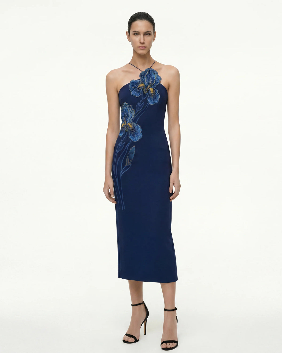 Iris Embroidered Halter Midi Dress - Navy Blue