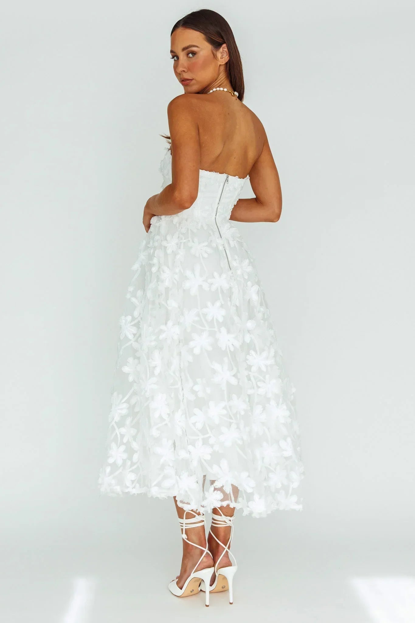 Dori Floral Embellished Midi Dress White