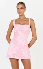 Sienna Mini Dress - Square Neck Floral Embroidered A Line Dress in Light Pink