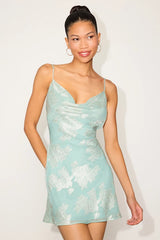 Elekta Mint Blue Floral Jacquard Cowl Mini Dress