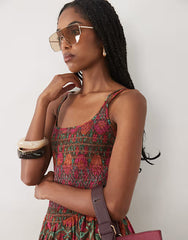 Abercrombie & Fitch scoop neck dipped waist midaxi dress with bold floral print in brown