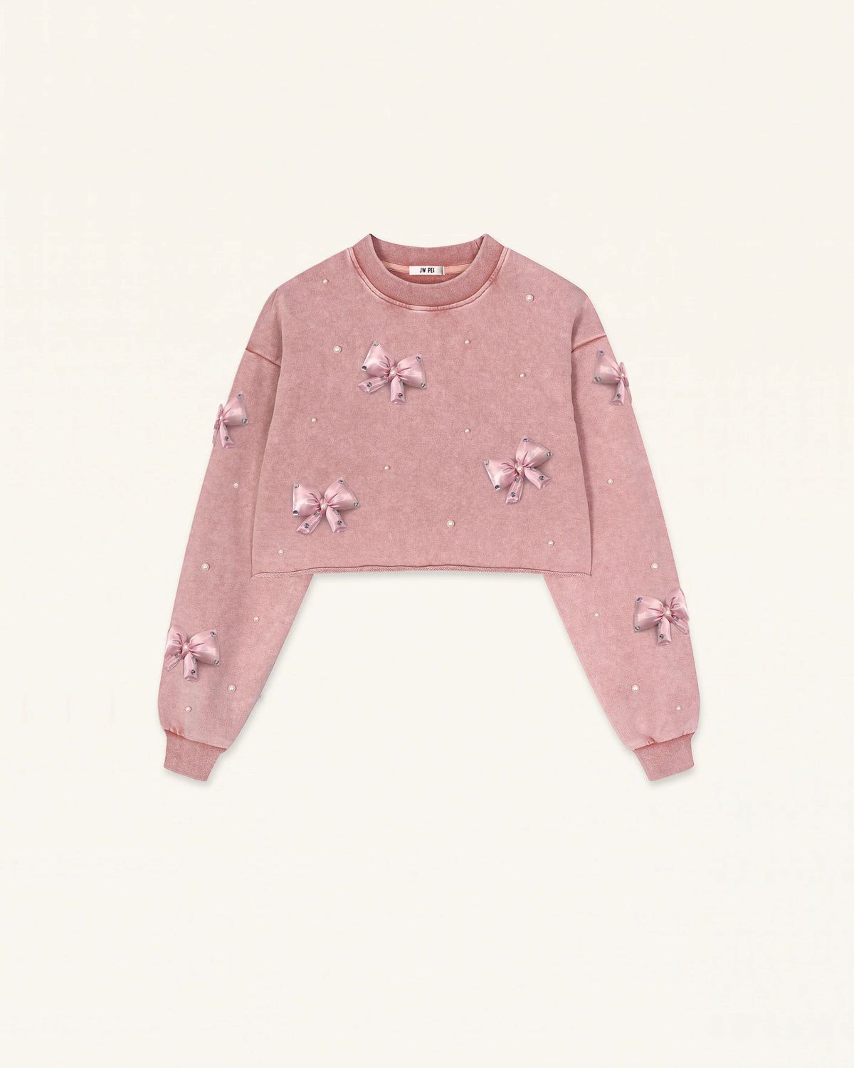 Coquette 3D Satin Bow Pearl Sweatshirt - Vintage Pink