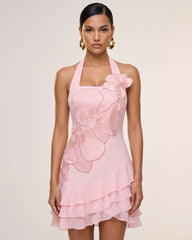 Orchid Embroidered Halter Ruffle Mini Dress - Pink