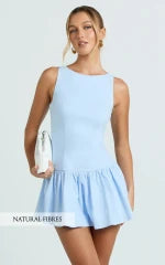 Izira Mini Dress - Boat Neck Drop Waist Shift Dress in Blue