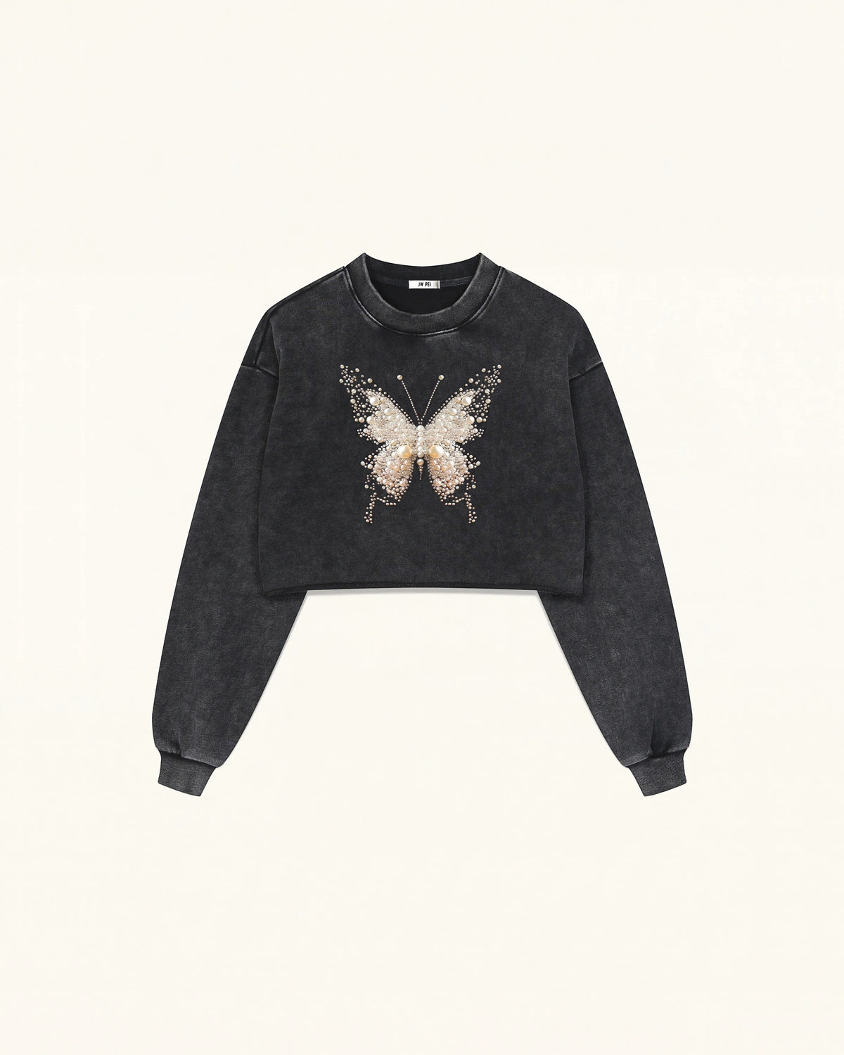 Cream 3D Pearl Butterfly Sweatshirt - Black