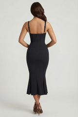 Layered Bra-Detail Fishtail Midaxi Dress in Black