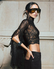 High-Neck Lace T-Shirt With Frill Sleeves
