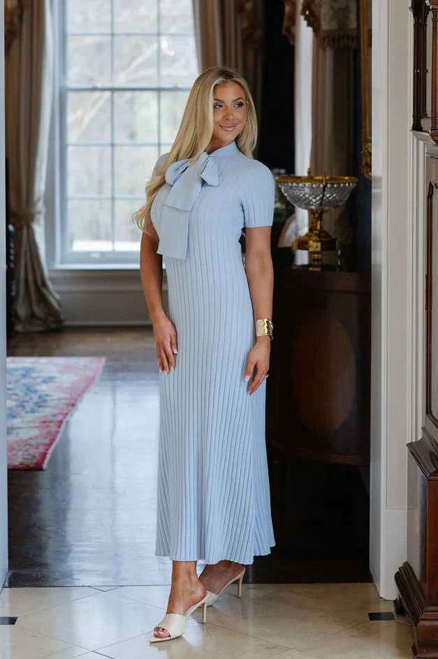 Addy Neck Tie Knit Dress-Sky