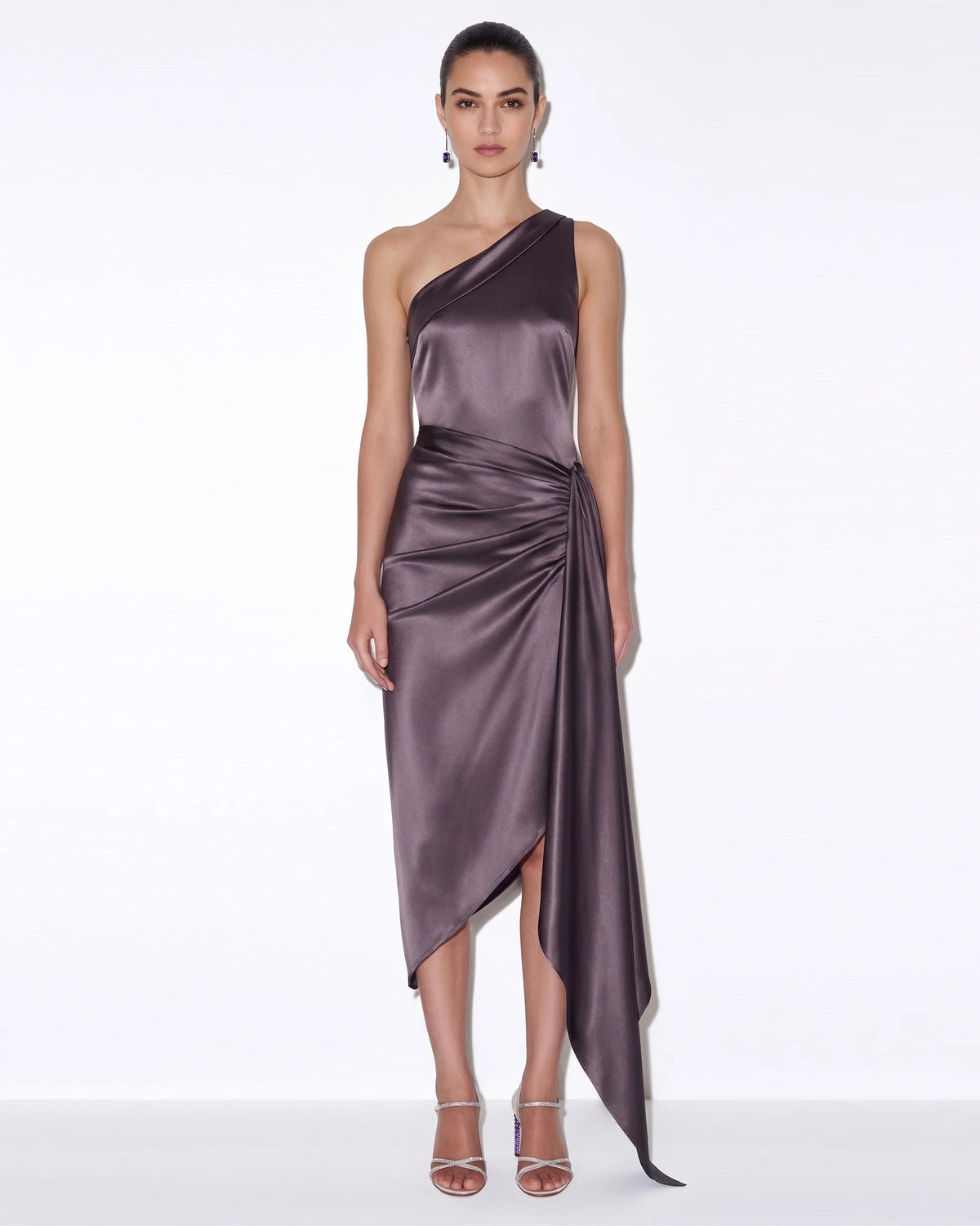 Satin One-Shoulder Ruched Asymmetric Midi Dress - Mauve