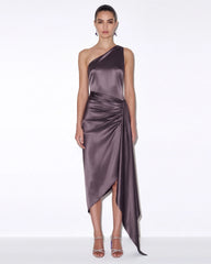 Satin One-Shoulder Ruched Asymmetric Midi Dress - Mauve