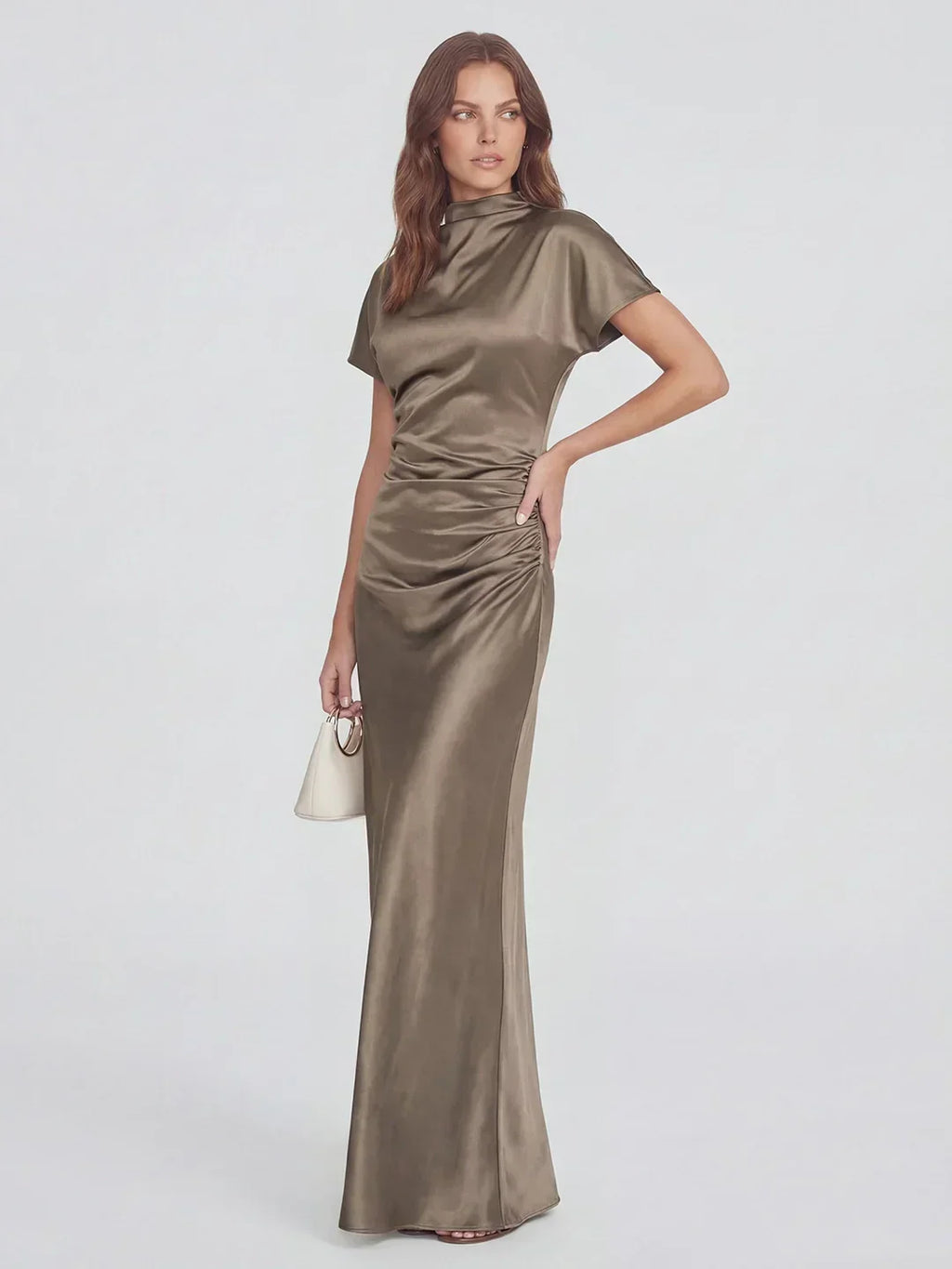 High Boat Neck Stain Maxi Dress With Ruched Detailing