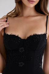 Black Georgette Custom Hand Beaded Embellished Lace Trim Mini Dress – Limited Edition