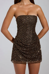 Embellished Bandeau A-Line Mini Dress in Brown
