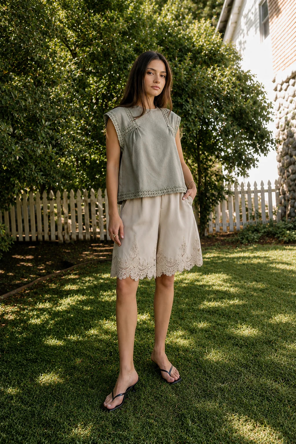 Mazie Lace Trim Shorts in Tan