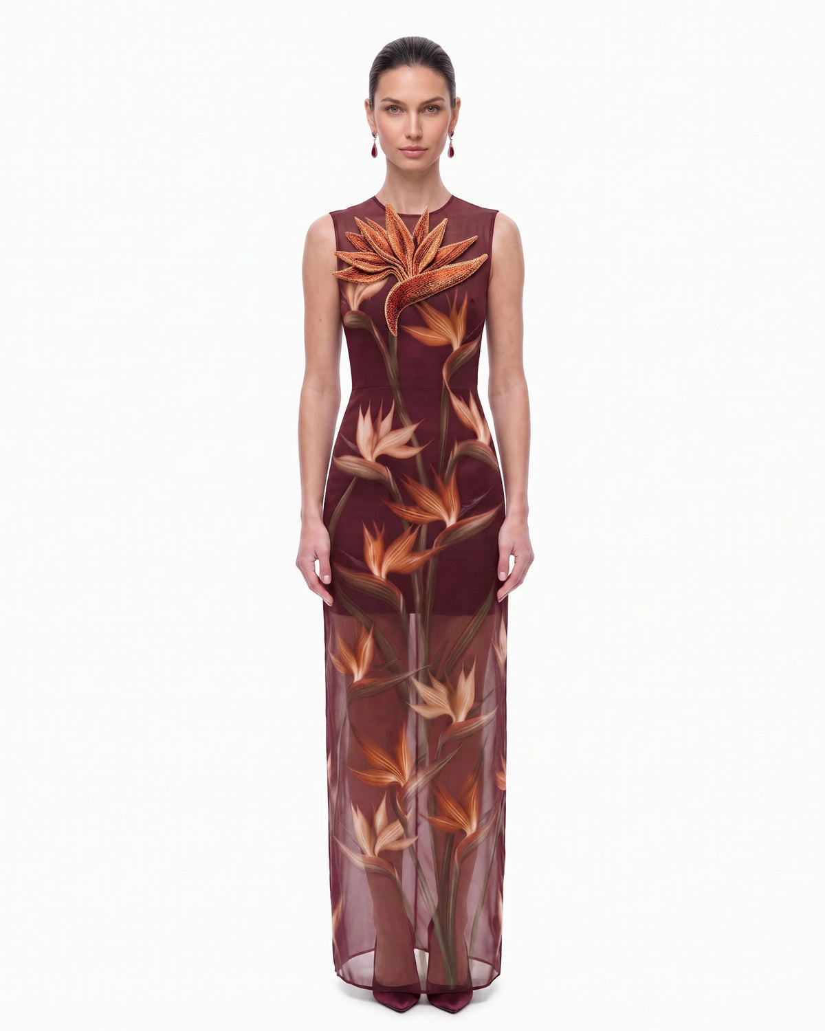 Bird of Paradise Appliqué Sheer Column Maxi Dress - Burgundy
