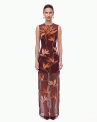 Bird of Paradise Appliqué Sheer Column Maxi Dress - Burgundy