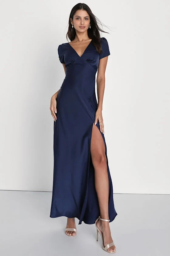 Epitome of Romance Navy Blue Satin Puff Sleeve Maxi Dress