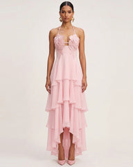 Flower Embroidered Halter Layered Maxi Dress - Pink