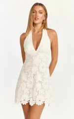 Vinny Mini Dress - Lace Halter Fit And Flare Dress in White