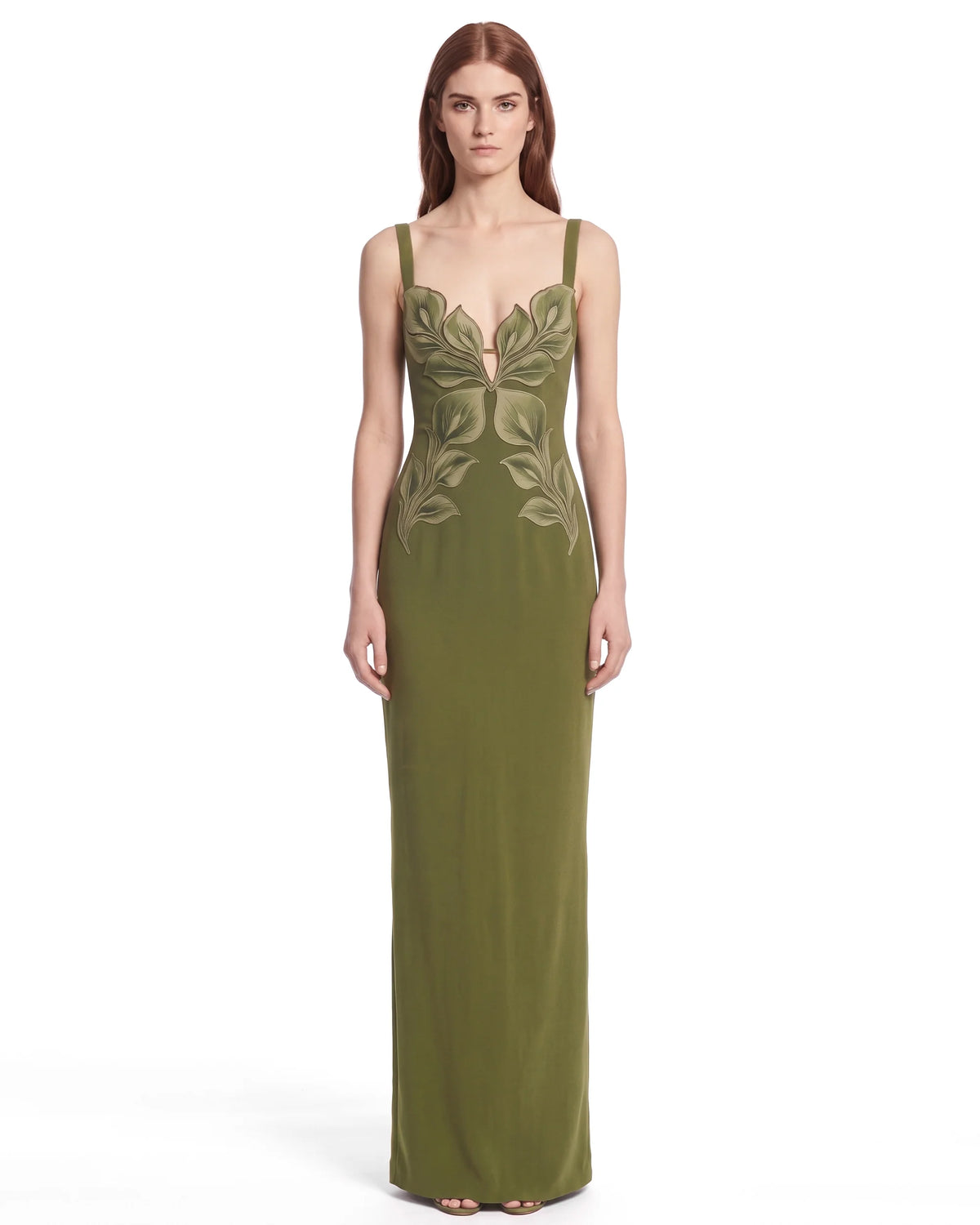 3D Leaf Strappy Column Maxi Dress - Olive Green