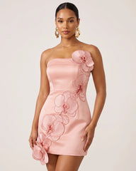 Orchid Embroidered Floral Appliqué Strapless Mini Dress - Pink