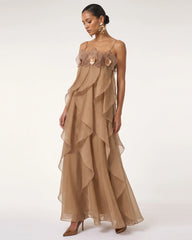 Orchid Embroidered Organza Maxi Dress - Light Brown