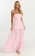 Everly Maxi Dress - Straight Neck Broderie Cut Out Hem Dress In Pink