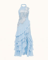 Orchid Embroidered Halter Asymmetric Ruffle Maxi Dress - Light Blue