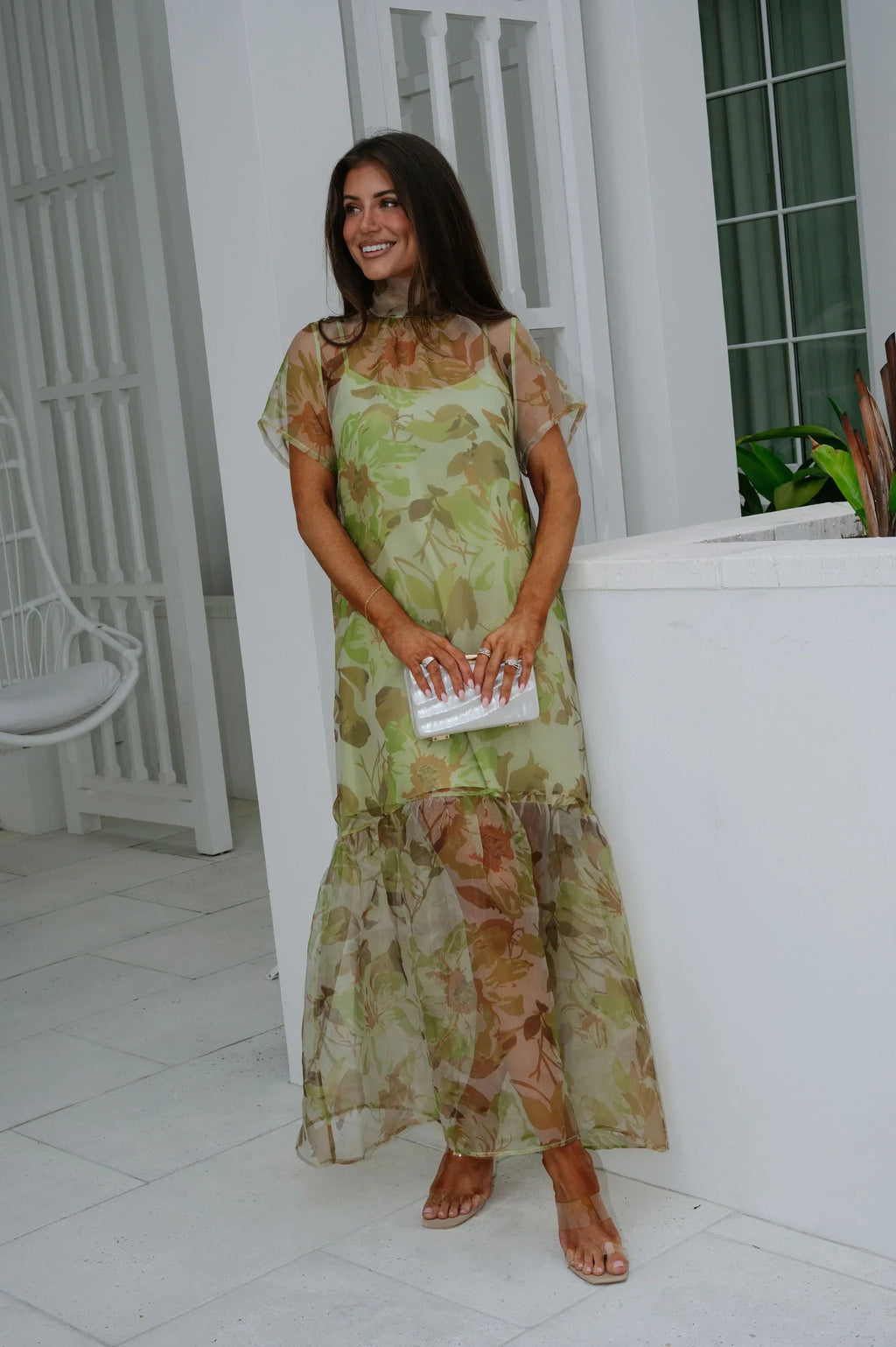 Josie Floral Organza Maxi Dress-Green Multi