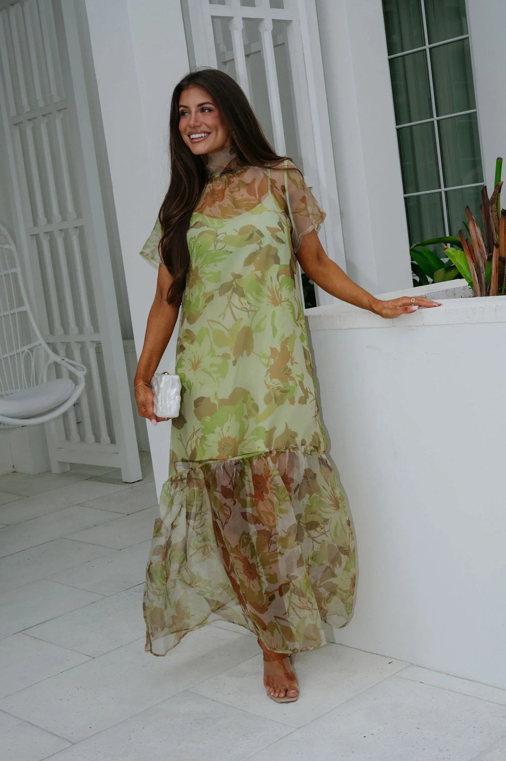 Josie Floral Organza Maxi Dress-Green Multi