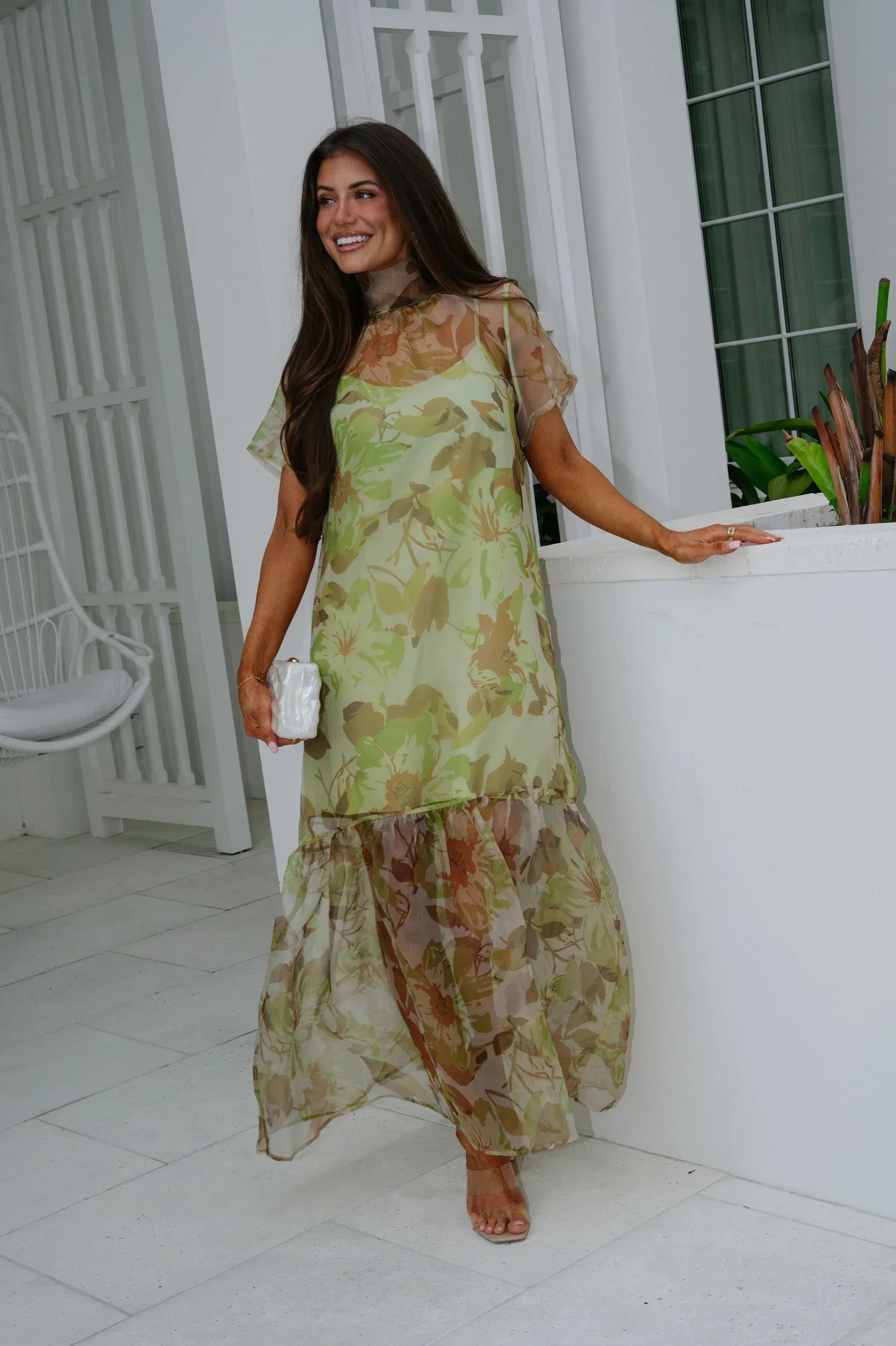 Josie Floral Organza Maxi Dress-Green Multi
