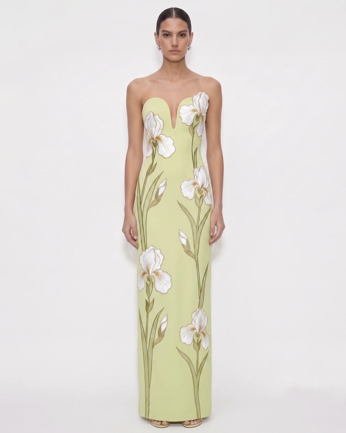 Iris EmbroideredNotch Neck Strapless Maxi Dress - Light Green