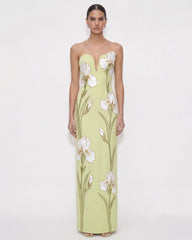 Iris EmbroideredNotch Neck Strapless Maxi Dress - Light Green