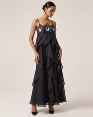 Orchid Embroidered Organza Maxi Dress - Black