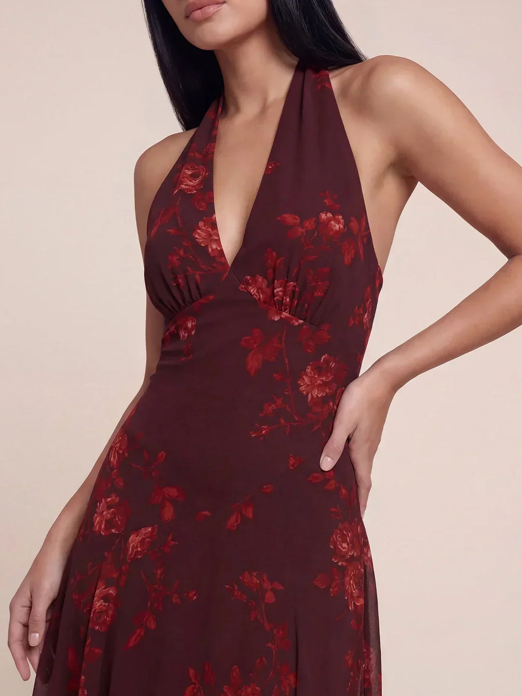 Halter V-Neck Drop Waist Georgette Midi Dress